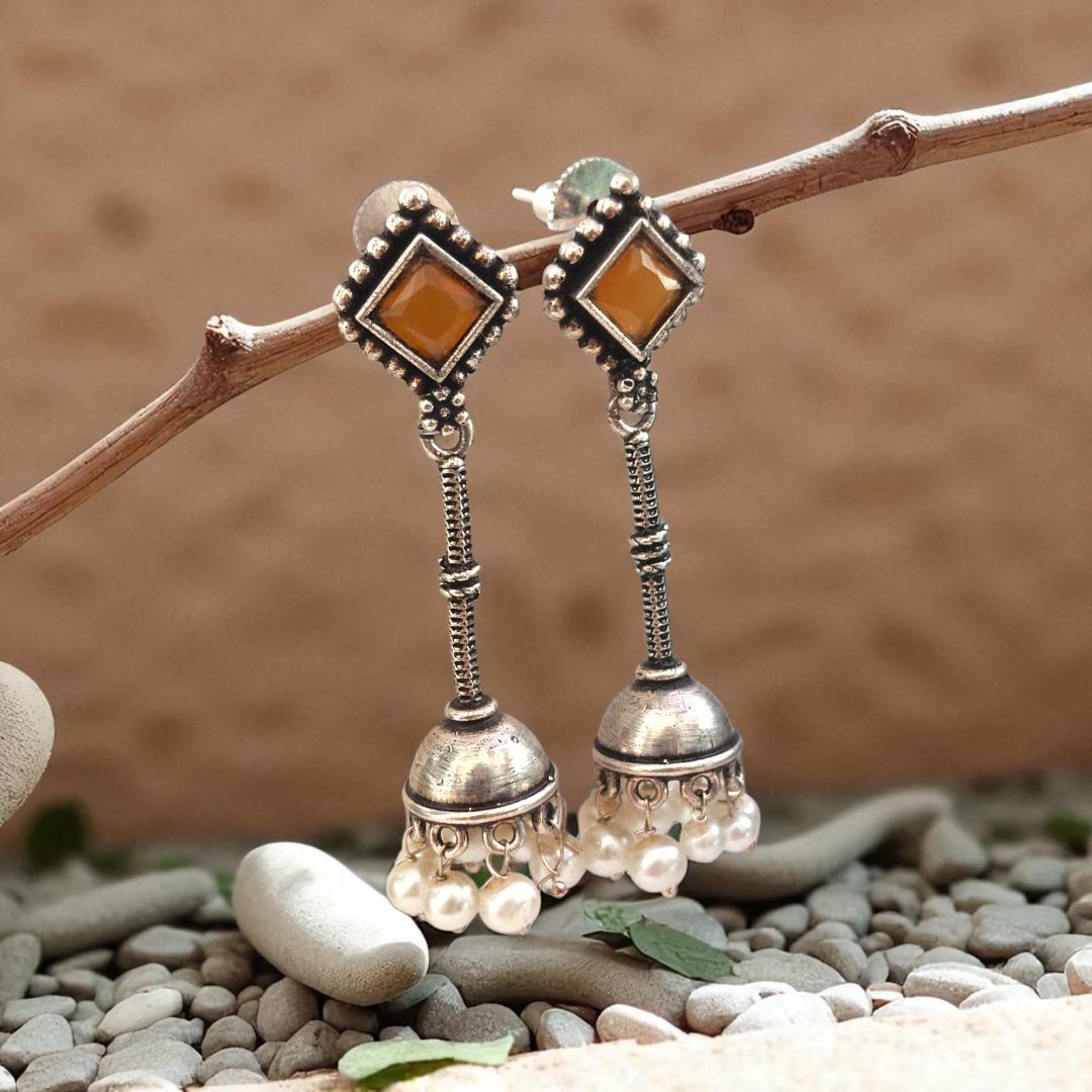 Jhumka Delight: Yellow Stone Silver Toned Jhumka