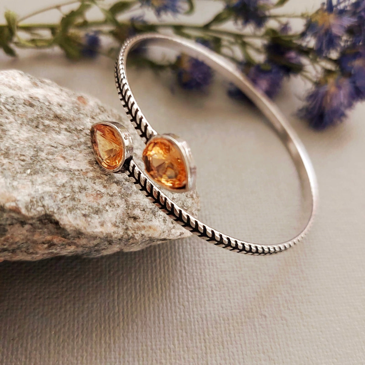 Yellow Teardrop Stone Adjustable Cuff Bracelet