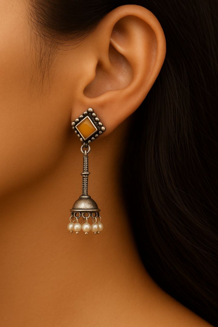 Jhumka Delight: Yellow Stone Silver Toned Jhumka