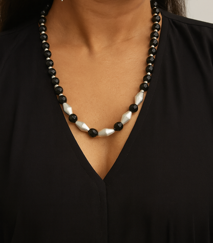 Dholki Royale: Dholki Bead Necklace and Earring Set with Black Beads