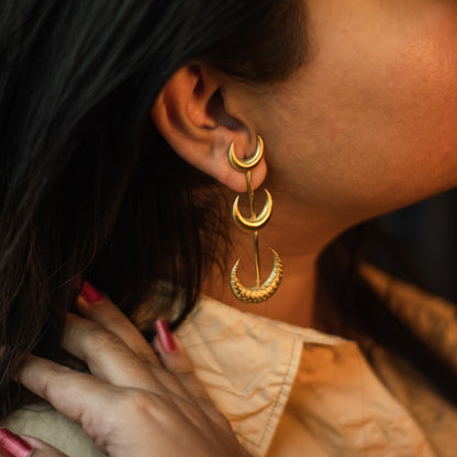 Brass Earrings : Triple Lunar Elegance