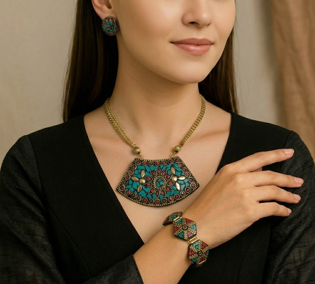 Mosaic Statement Combo Set: Colour Craft Pendant Set and Imperial Link Bracelet