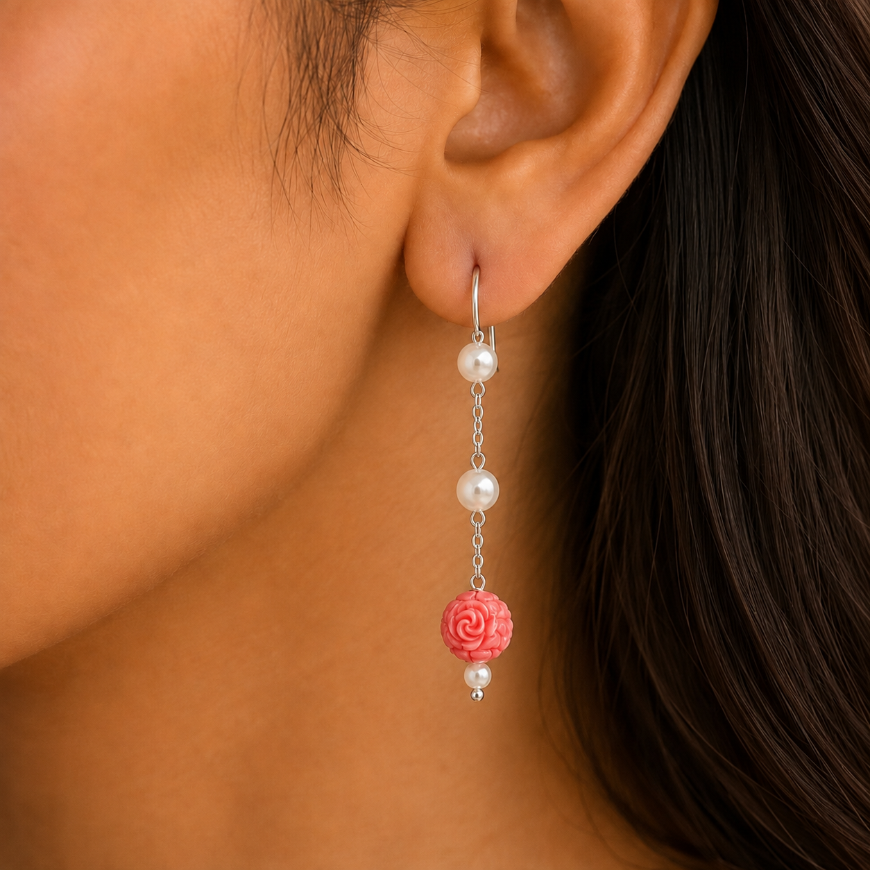 Hand Crafted Earrings: Carved  Coral Bead and Pearl Long Drop Earrings