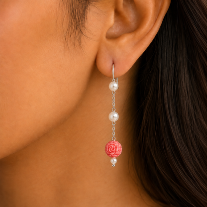 Hand Crafted Earrings: Carved  Coral Bead and Pearl Long Drop Earrings