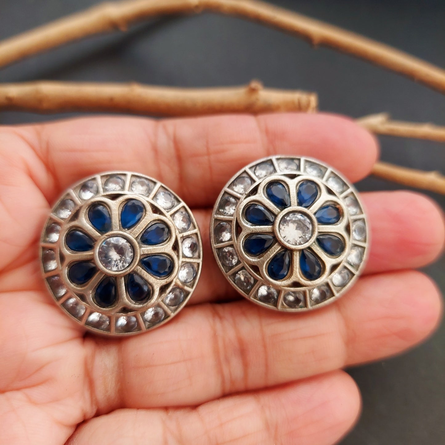 Stone Studded Silver Look alike Round Studs -White and Blue