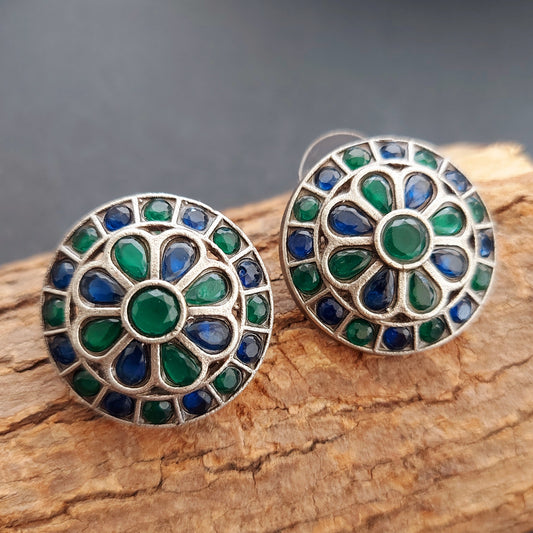 Stone Studded Silver Look alike Round Studs - Peacock Blue and Green