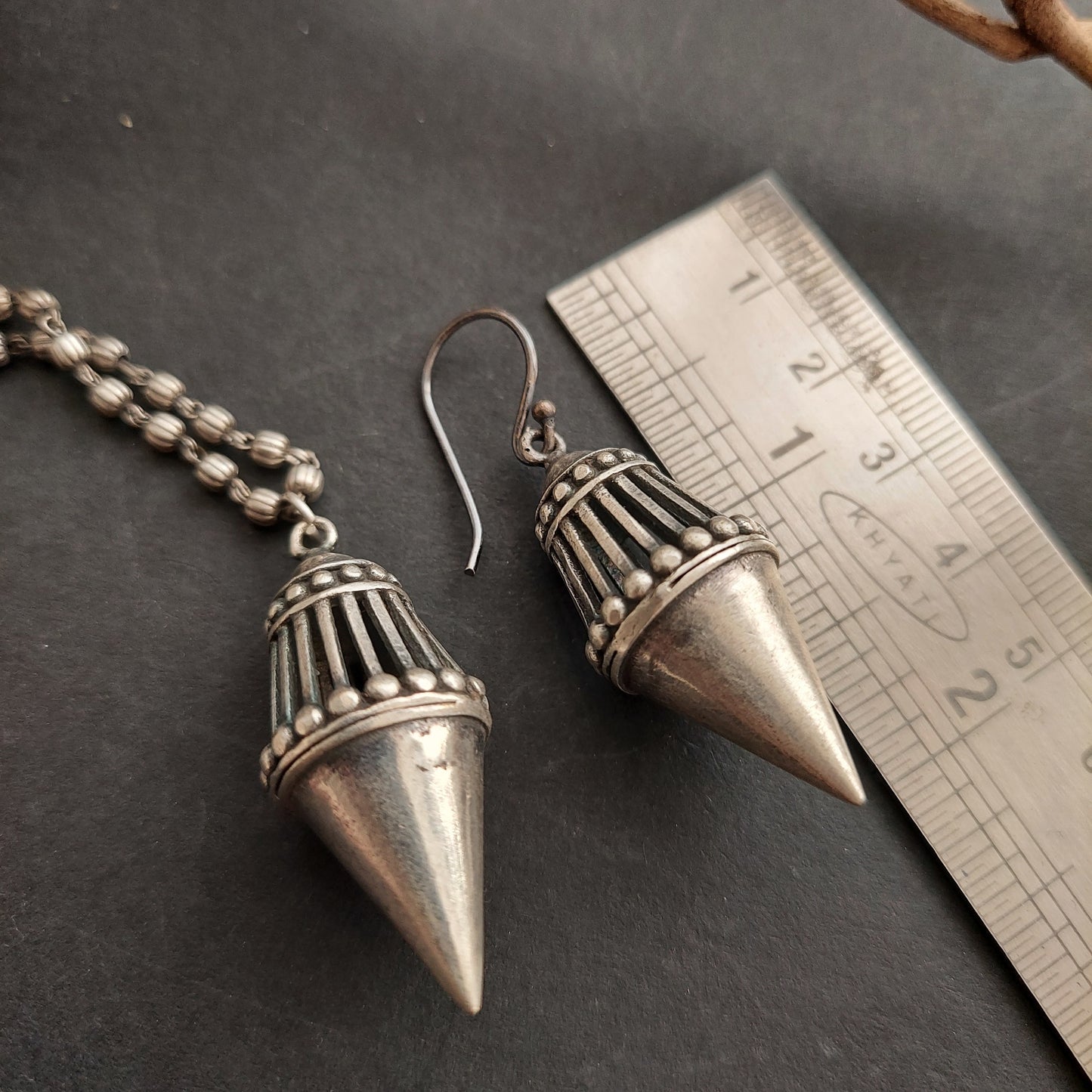 Silver Look alike Conical Pendant Earrings Set