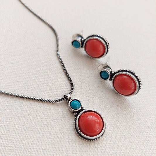 Coral and Turquoise Stoned Pendant Earrings Set