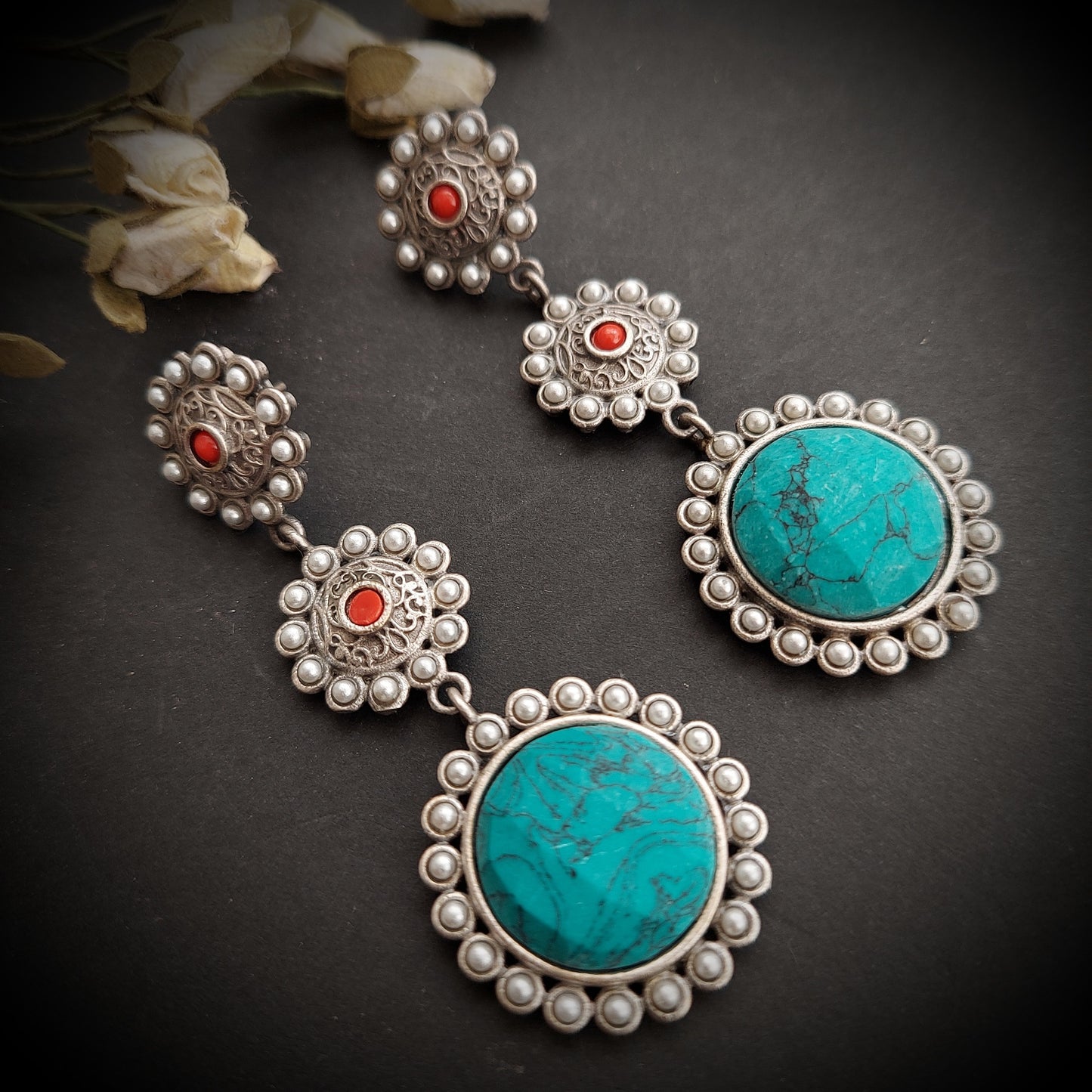Circular Design Stone Studded Silver Look Alike Dangler - Turquoise and Coral