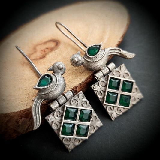 Stone Studded Silver Look Alike Bird Hooped Earrings - Green