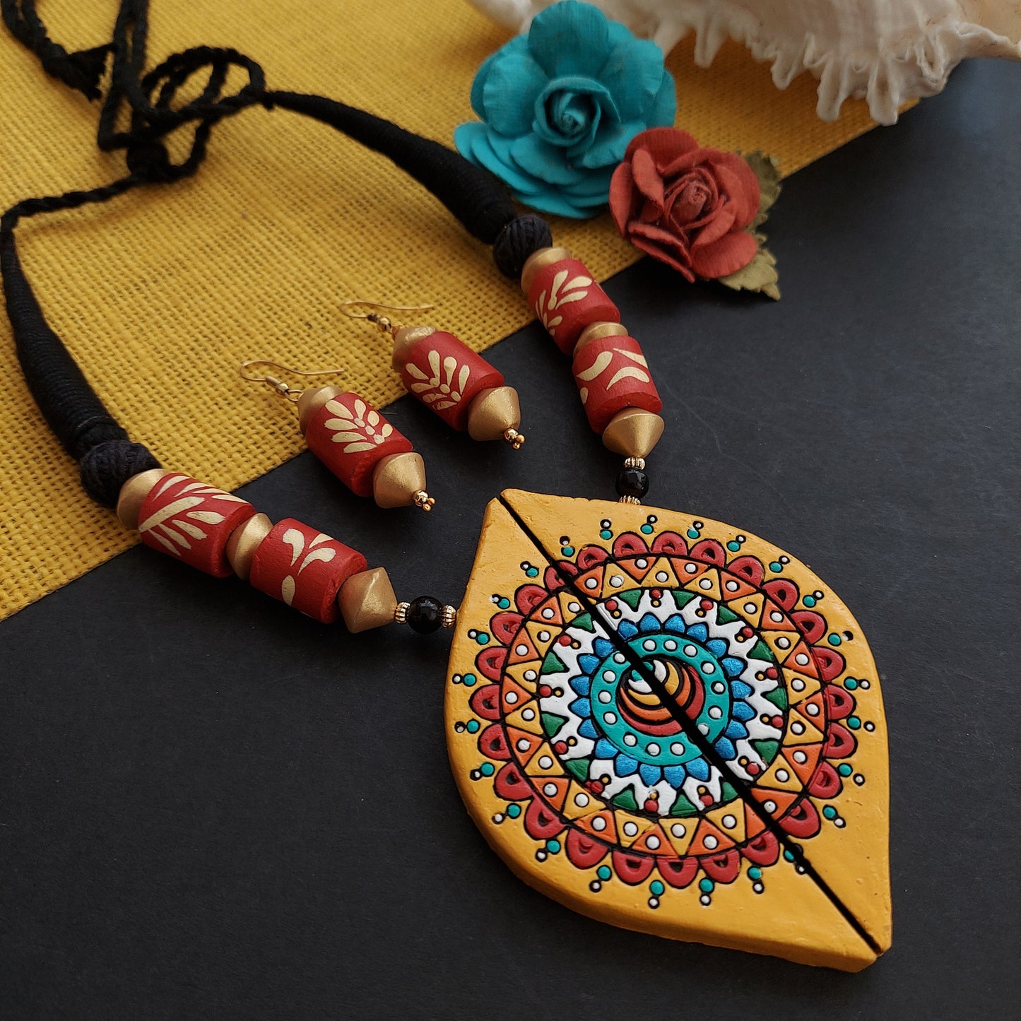 Gorgeous Terracotta Set with Multicolored Mandala Art Pendant