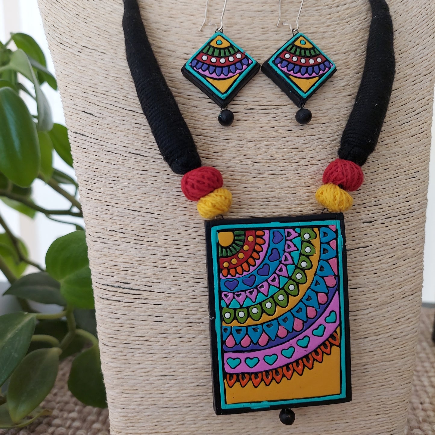 Multicolored Terracotta Mandala Art NeckSet with thread beads