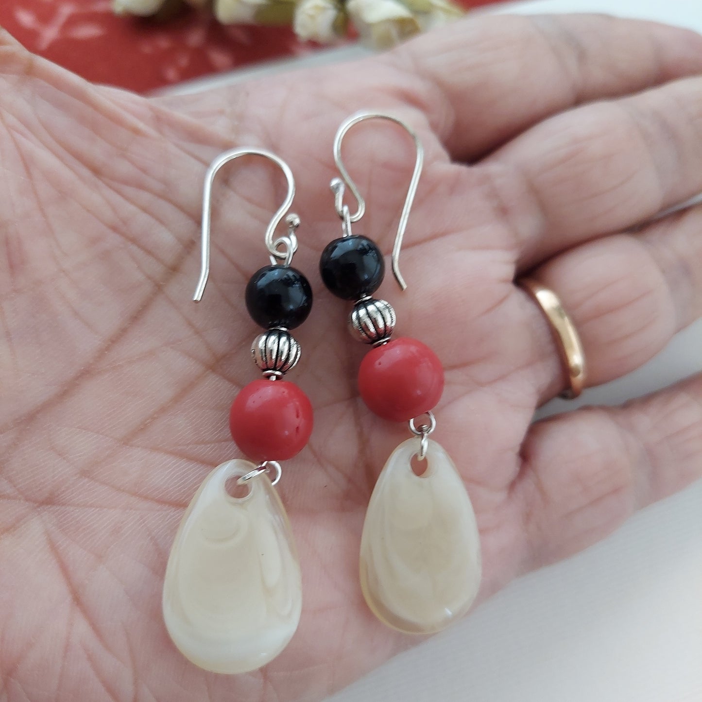Coral, Black Bead and Shell Danglers