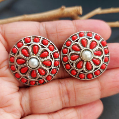 Stone Studded Silver Look alike Round Studs - Coral and Pearl