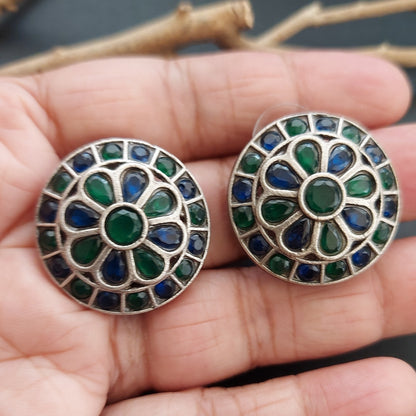 Stone Studded Silver Look alike Round Studs - Peacock Blue and Green