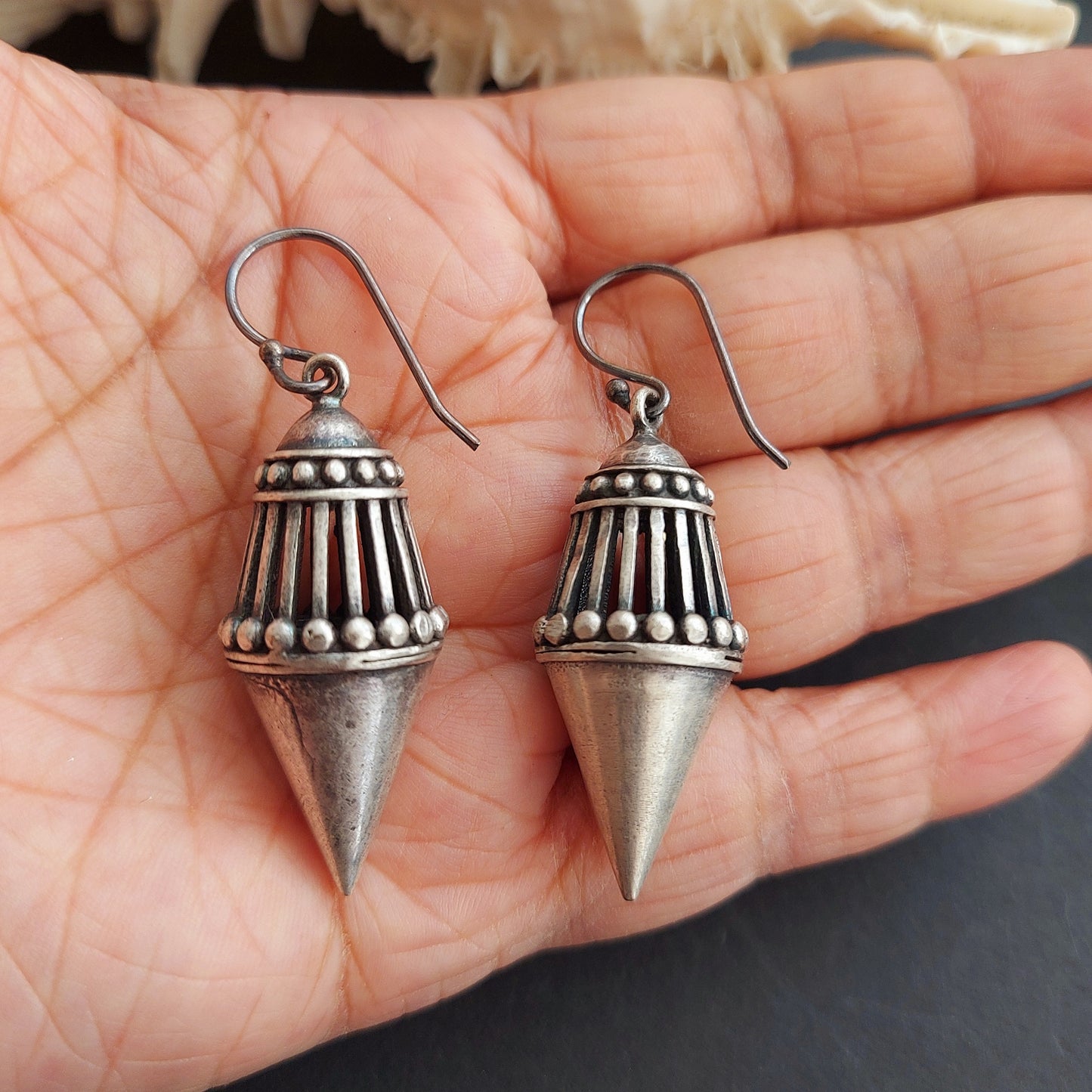 Silver Look alike Conical Pendant Earrings Set