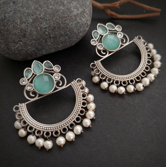 Pastel Green Stoned Statement Earrings with Pearl Danglers