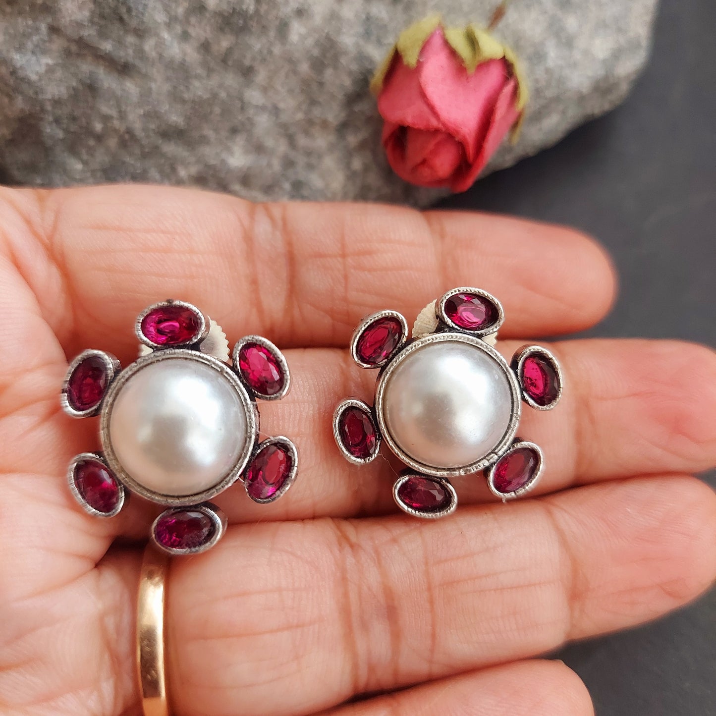 Pearl and Pink Stone Studded Floral Eartops