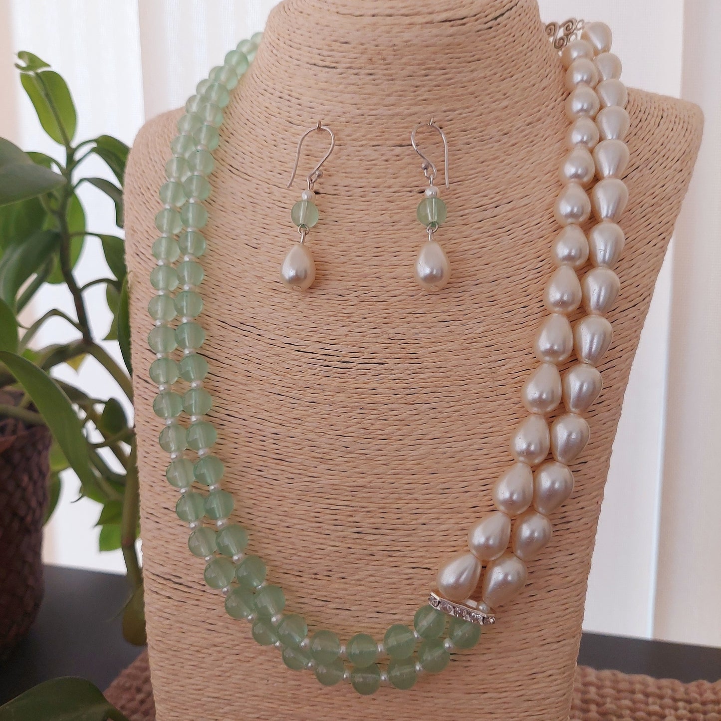 Asymmetrical Pear Shaped Shell Pearls and Mint Green Round Beaded Double Layered Neckset
