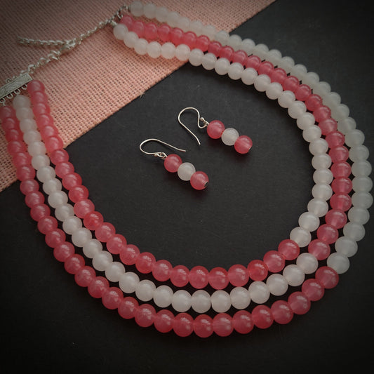 Asymmetrical 3 Layered Neckset with White n Pink Beads