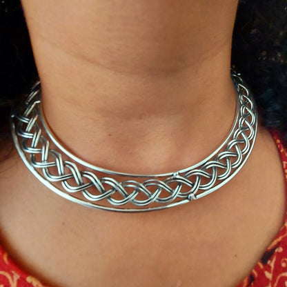 Silver Toned Braided Flat Hasli Necklace