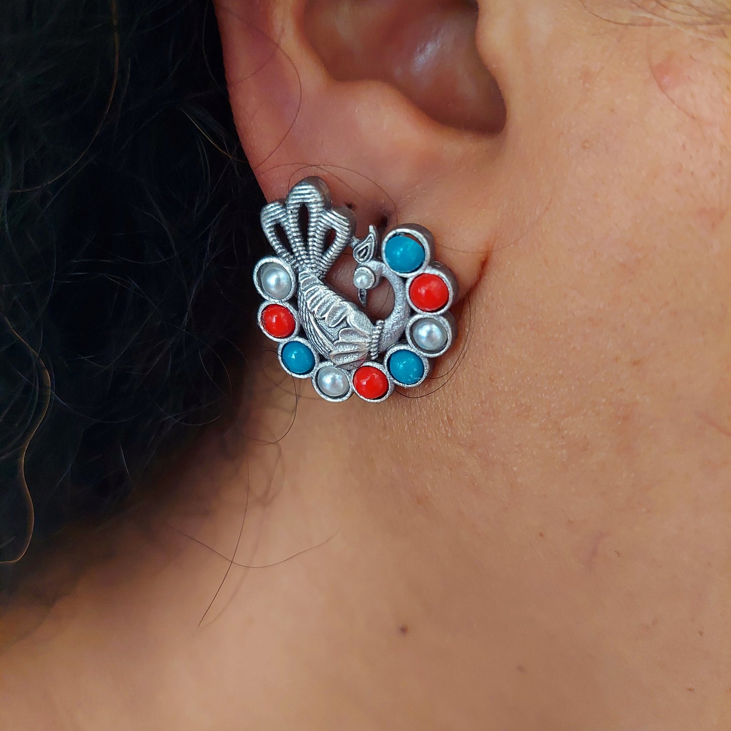 Beautiful Stone Studded Peacock Silver Look Alike Studs - Turqouise Coral and Pearl