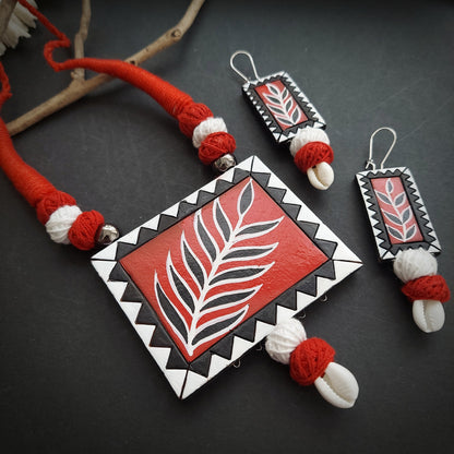 Terracotta Rectangular Handpainted Leaf Pendant Set with Threadbeads and Cowri