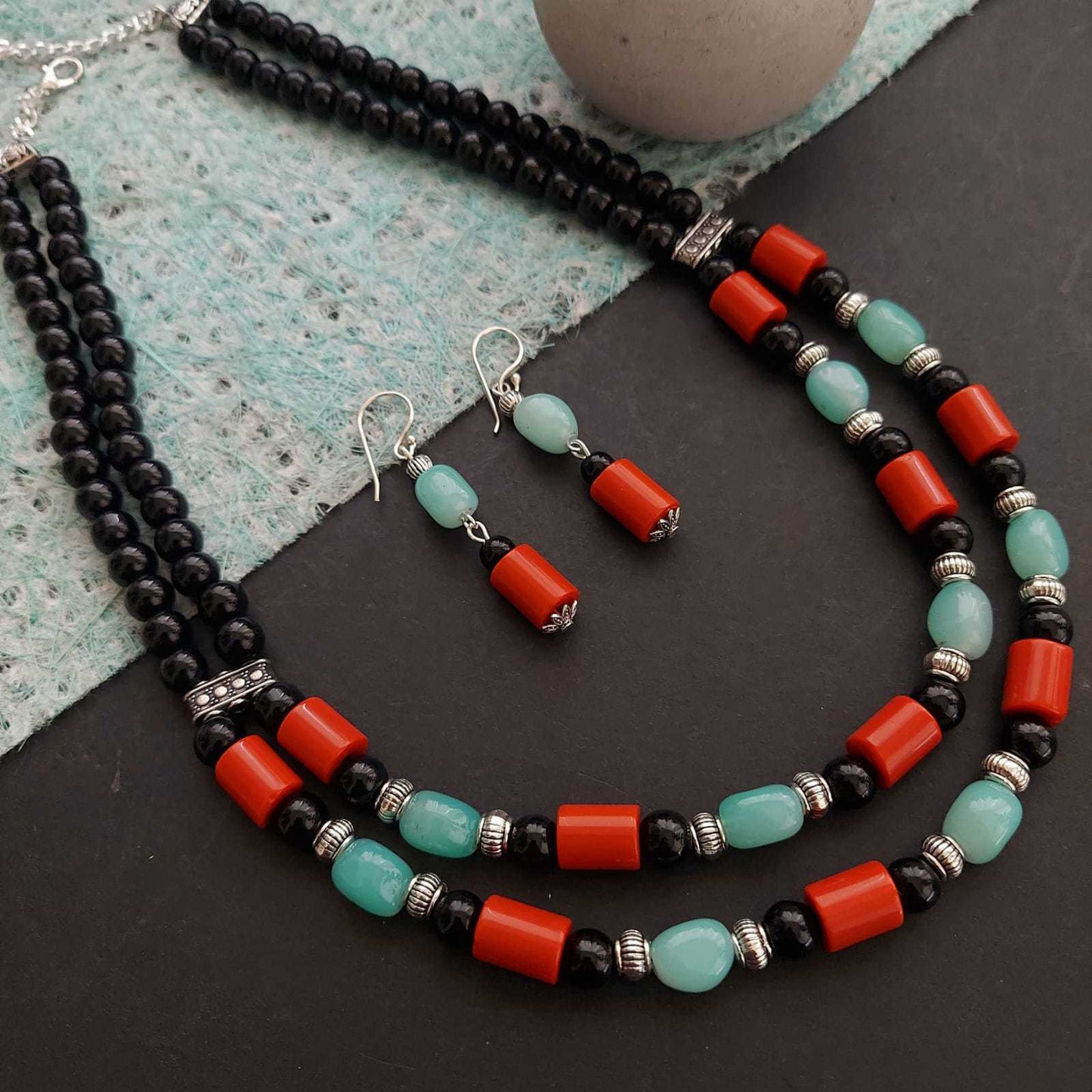 Exquisite Black Beads Corals and Blue Beaded Double Layered Neckset