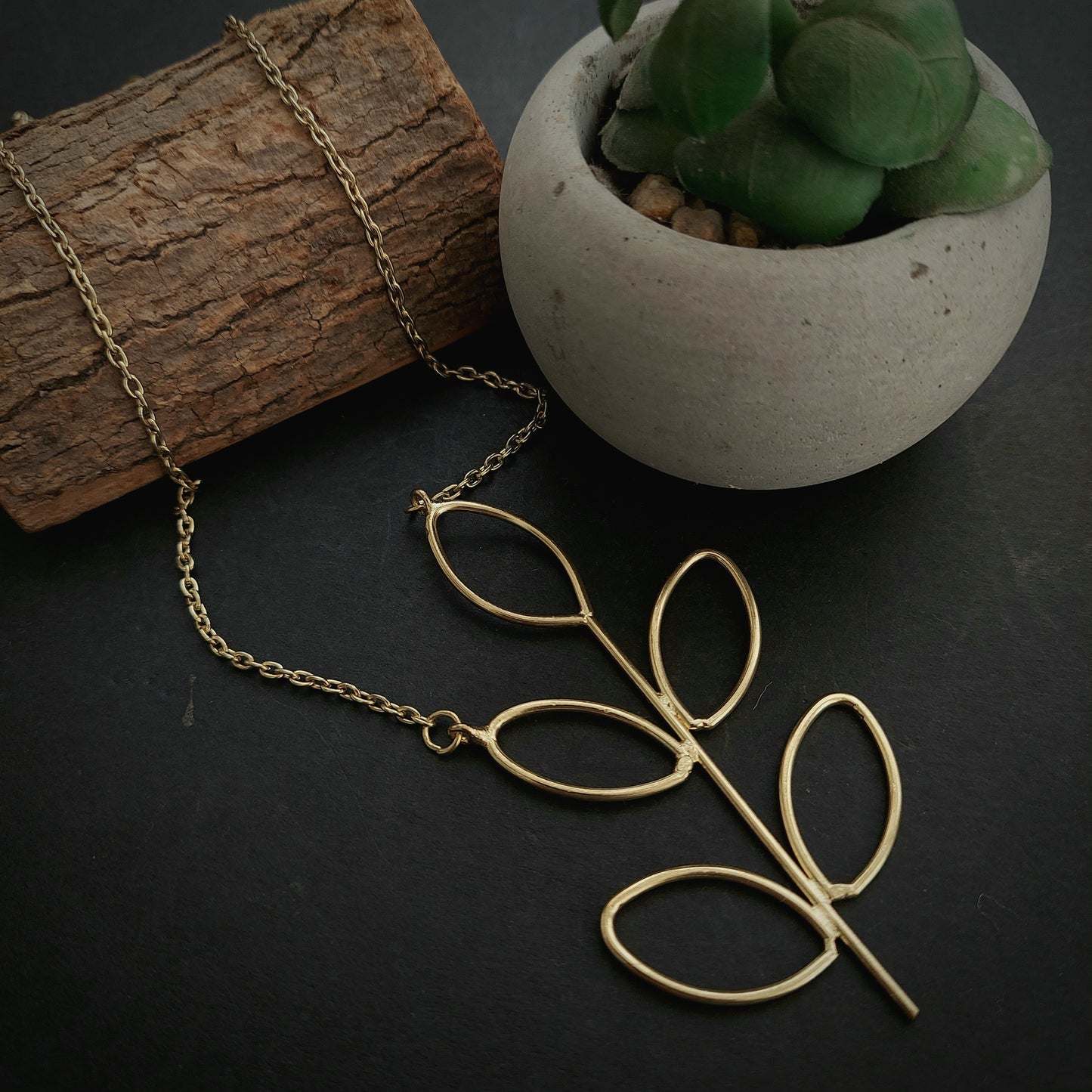 Stylish Long Brass Necklace with Pinnate Leaves Pendant