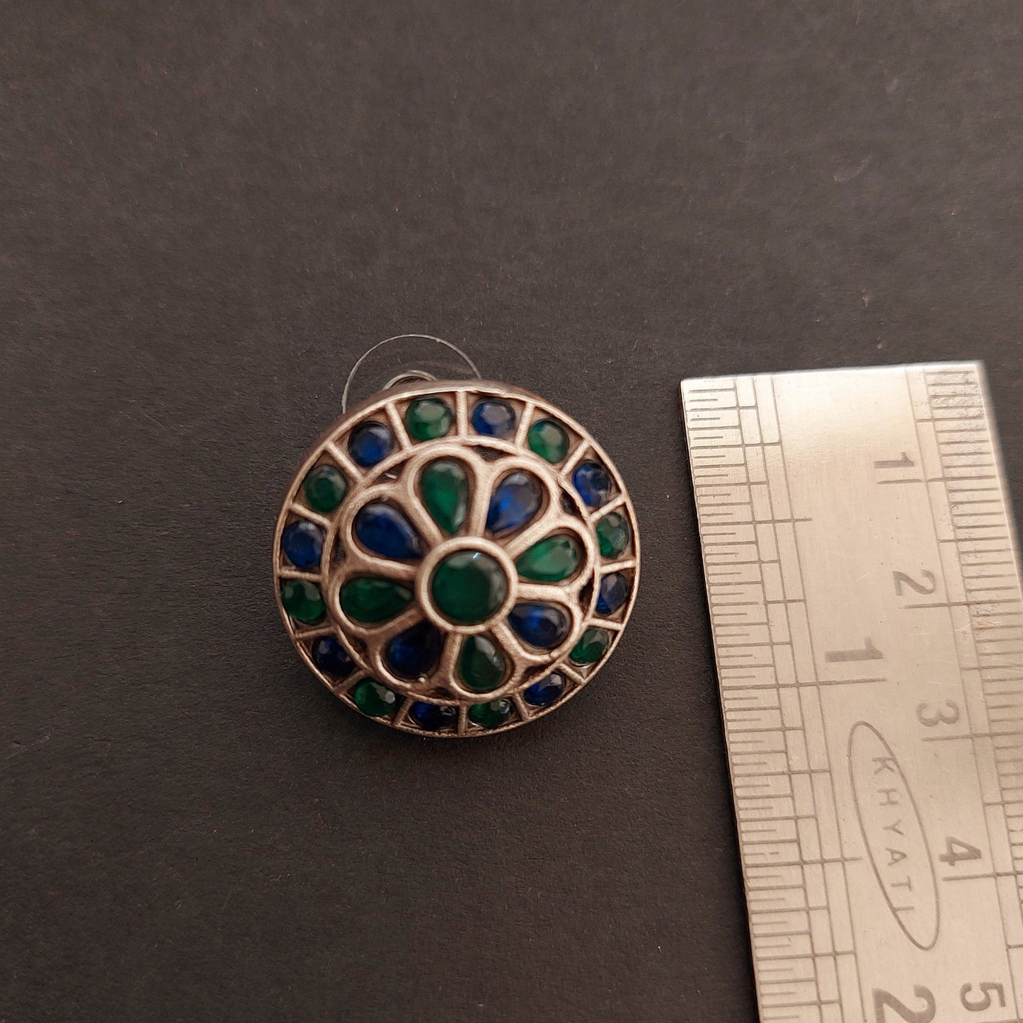 Stone Studded Silver Look alike Round Studs - Peacock Blue and Green