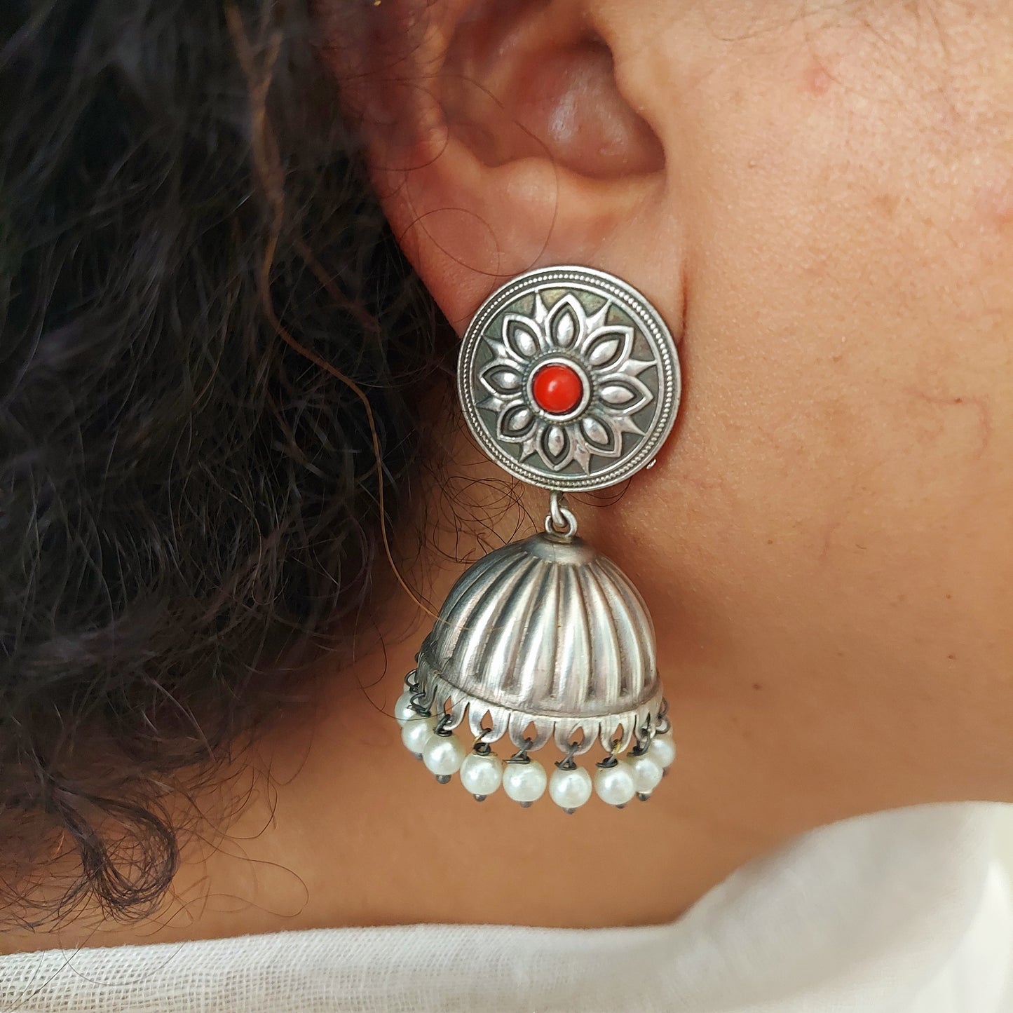 Oxidized Stone Studded Silver Look Alike Jhumkas - Coral Red