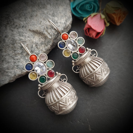 Silver Look alike Multicolored Stone Studded Matka Hooked Earrings