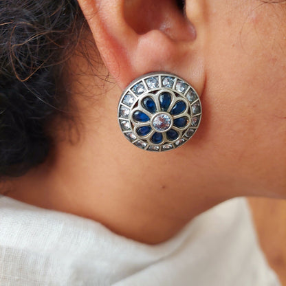 Stone Studded Silver Look alike Round Studs -White and Blue