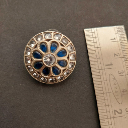 Stone Studded Silver Look alike Round Studs -White and Blue