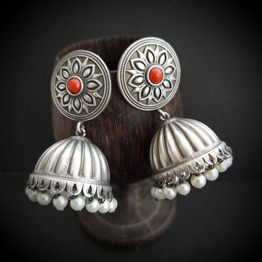 Oxidized Stone Studded Silver Look Alike Jhumkas - Coral Red
