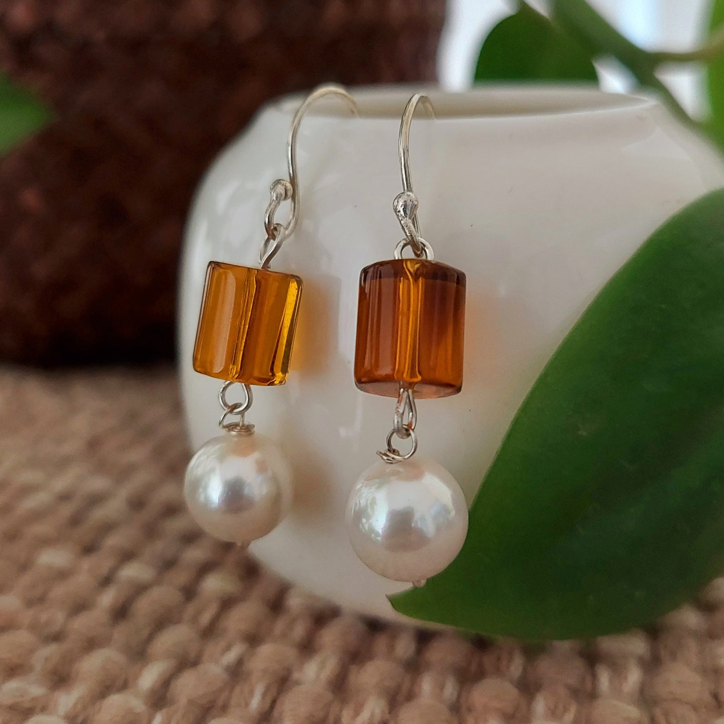 Sunset  Gold Agate and Pearl Drop Danglers