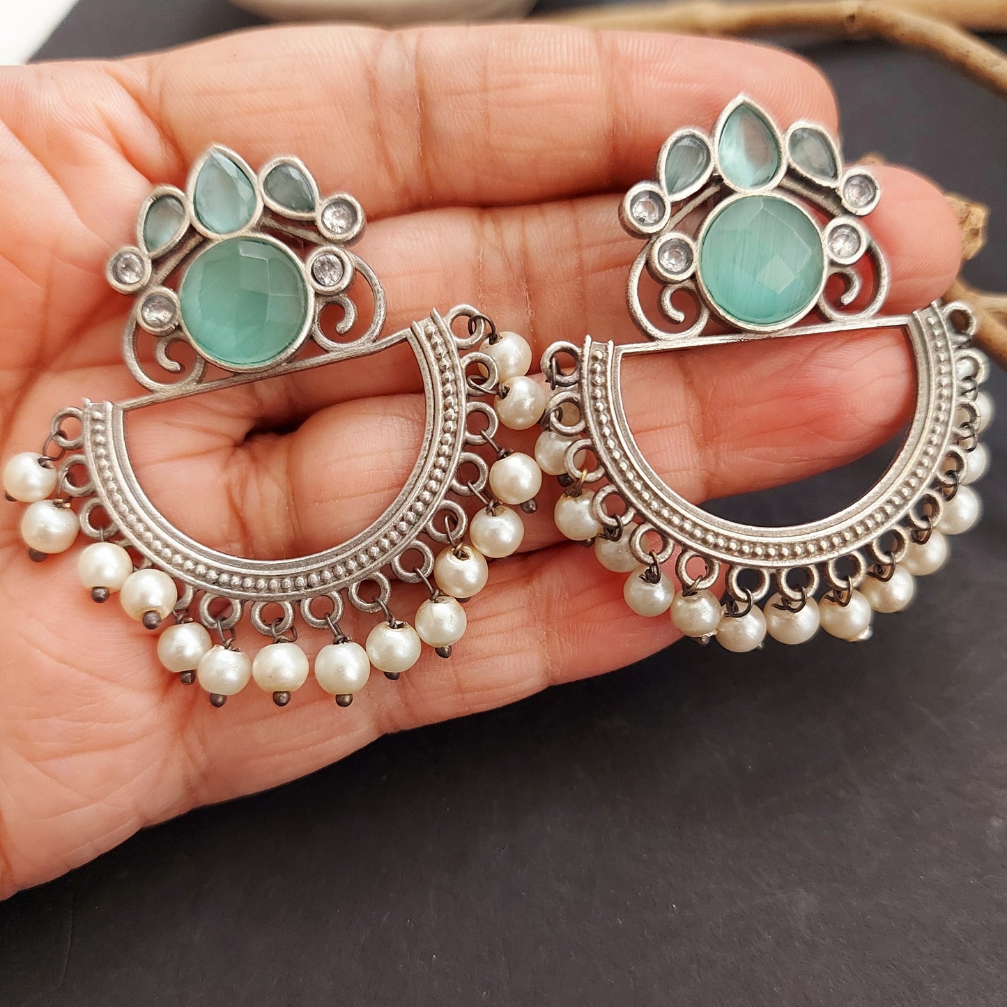 Pastel Green Stoned Statement Earrings with Pearl Danglers