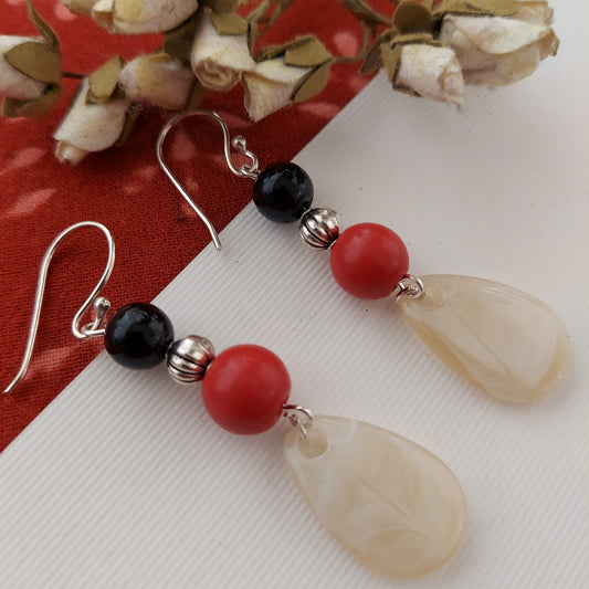 Coral, Black Bead and Shell Danglers