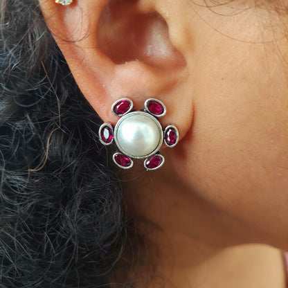 Pearl and Pink Stone Studded Floral Eartops | Stone Studded Earrings