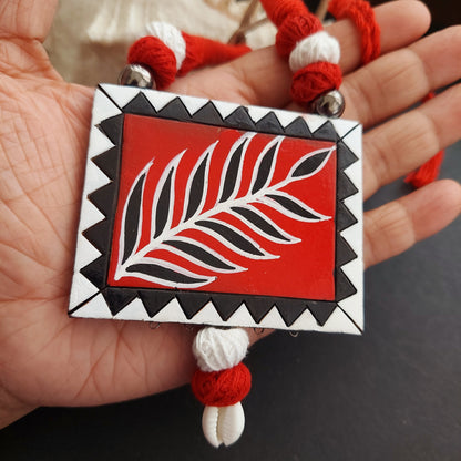 Terracotta Rectangular Handpainted Leaf Pendant Set with Threadbeads and Cowri