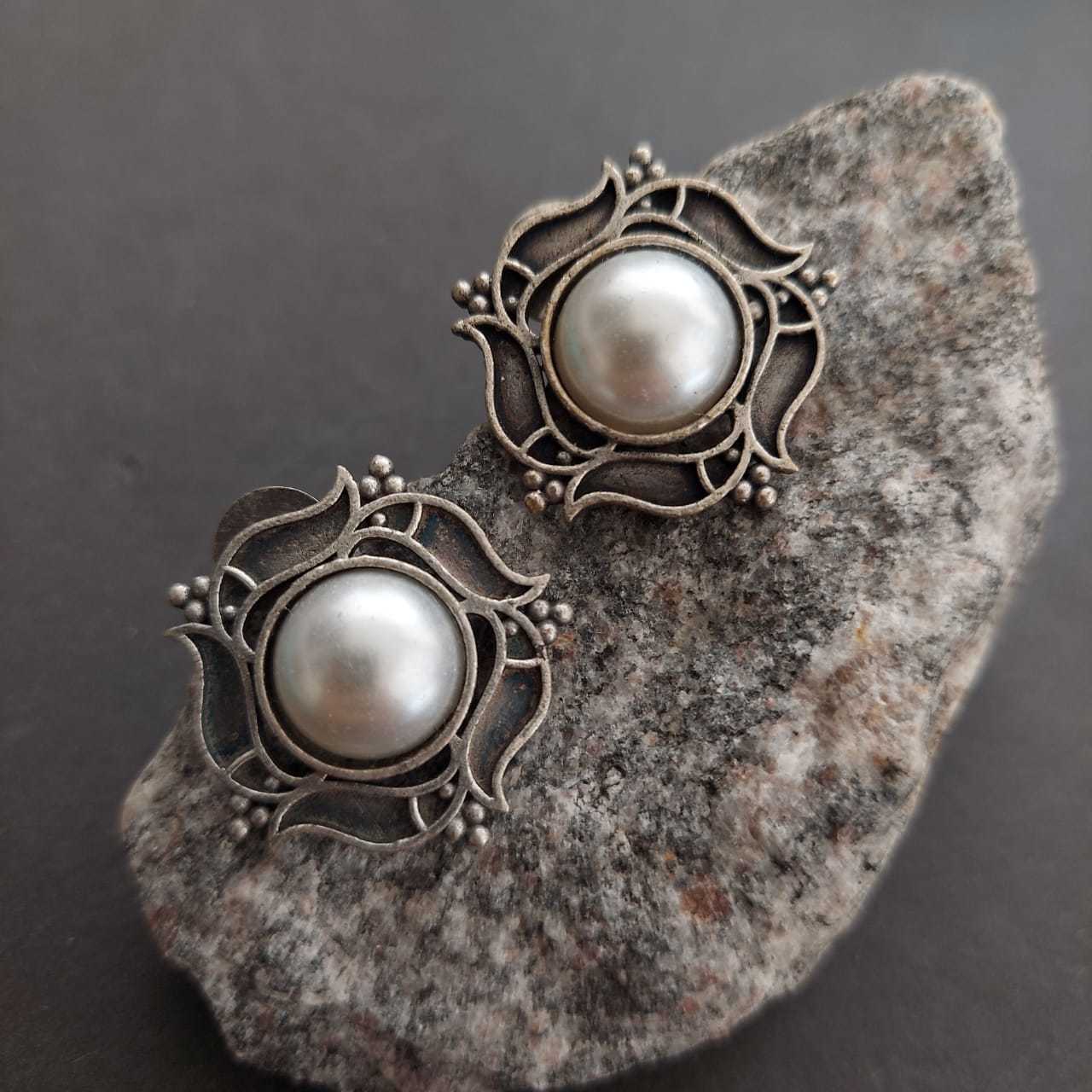 German Silver Pearl Studded Floral Eartop