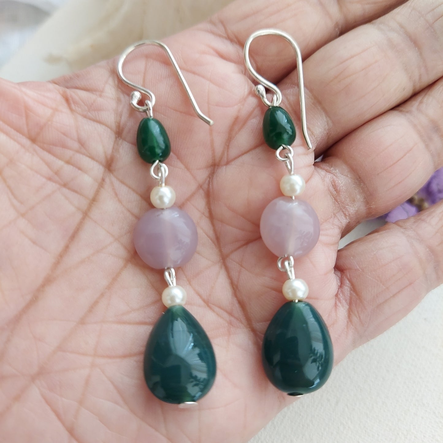 Teal and Light Pink Beaded Drop Danglers