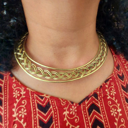 Gold Toned Braided Flat Hasli Necklace