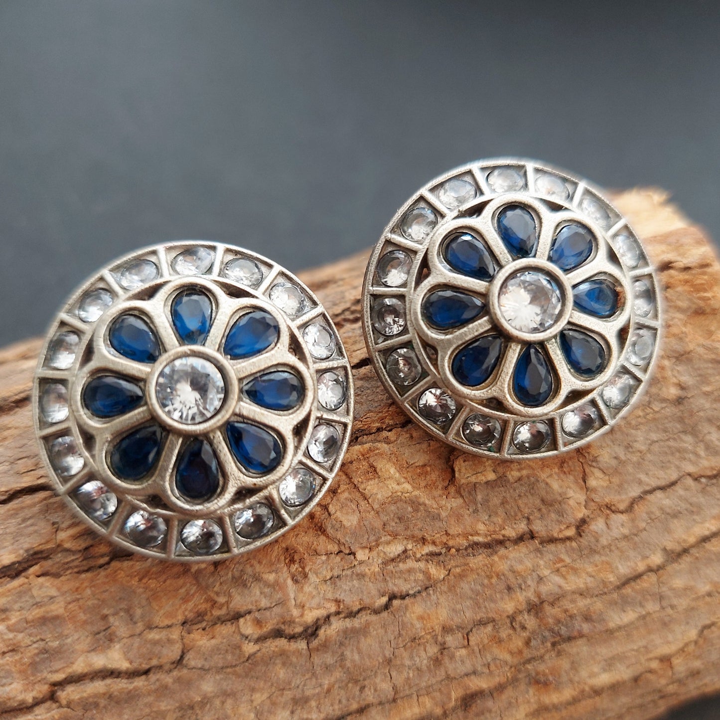 Stone Studded Silver Look alike Round Studs -White and Blue
