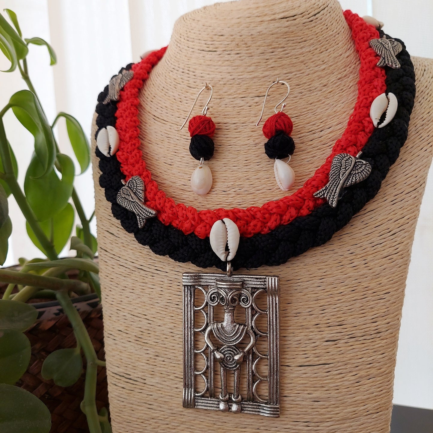 Double Layered Braided Cord Neckset with Tribal Pendant and Cowries