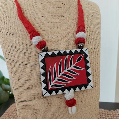 Terracotta Rectangular Handpainted Leaf Pendant Set with Threadbeads and Cowri