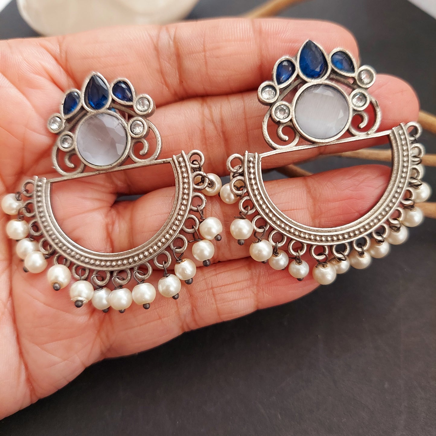 White and Blue Stoned Statement Earrings with Pearl  Danglers