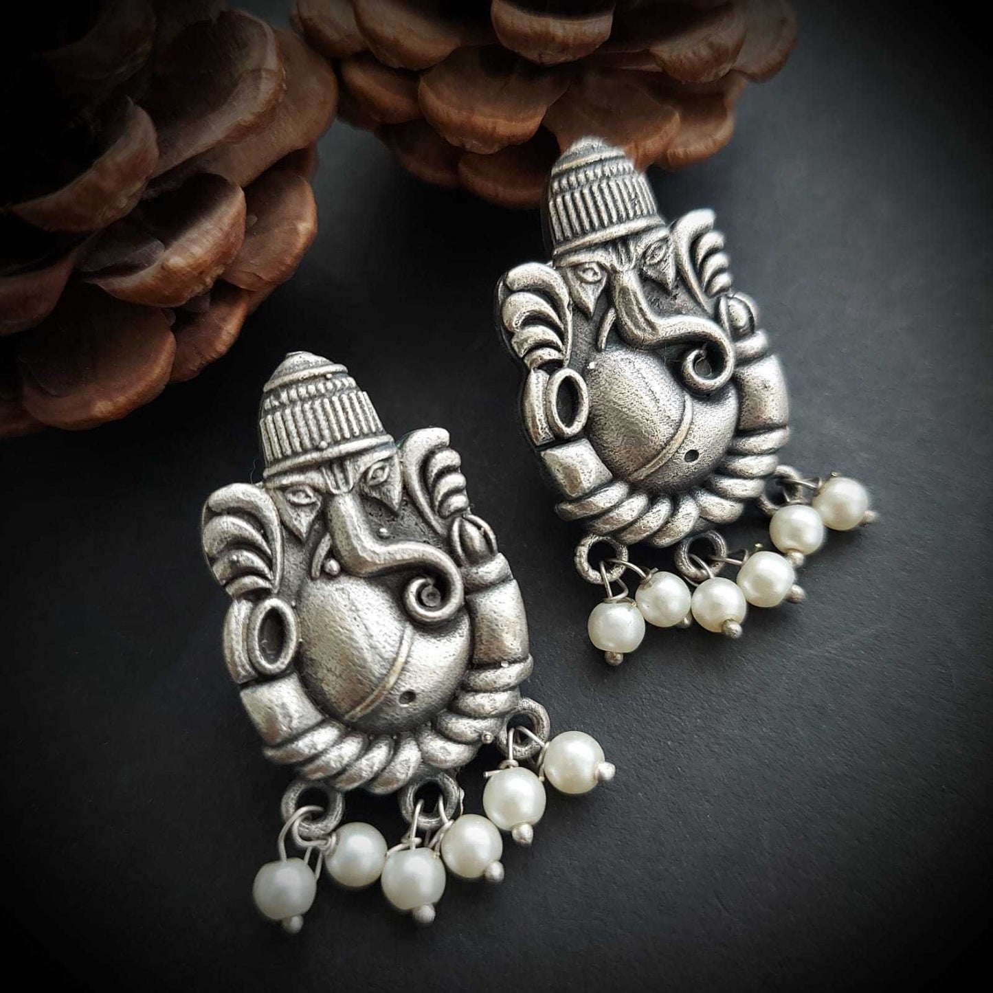 Silver look alike Ganapati Studs with Pearl Danglers