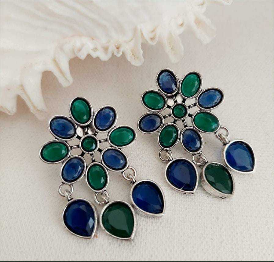 Stone Studded Peacock hued Floral Studs