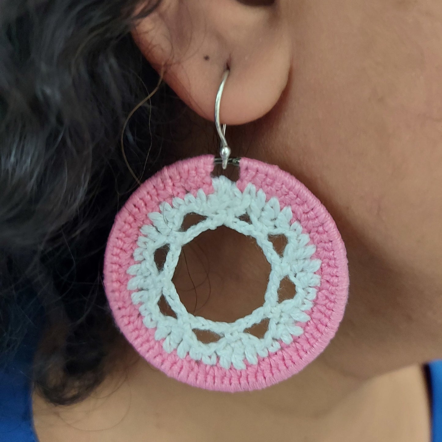Handcrafted White and Pink Crochet Earrings